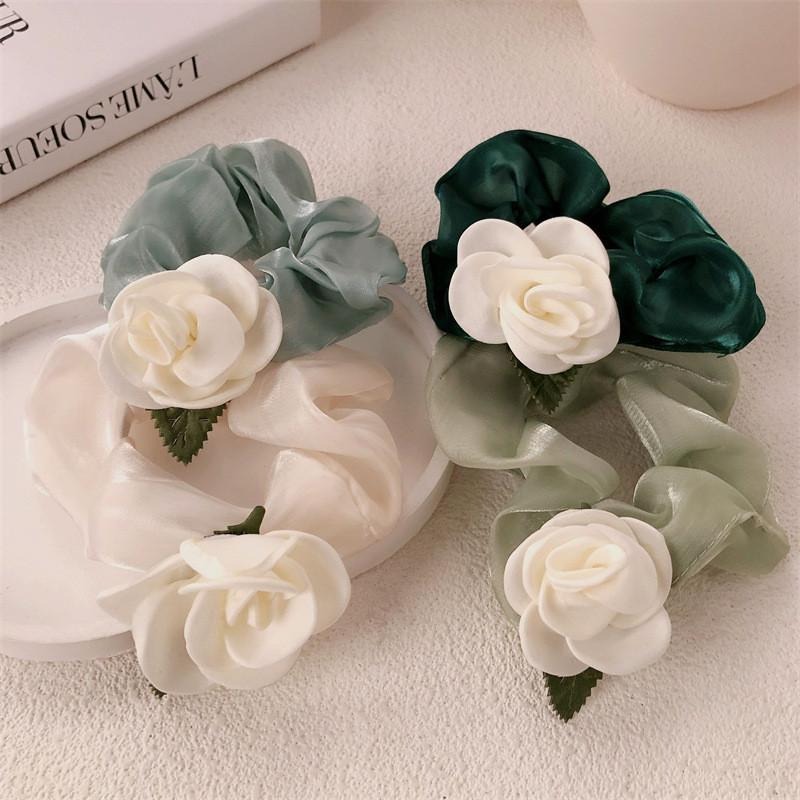 白色山茶花馬尾髮繩 森林系大腸髮圈 法式氣質綁髮髮繩-細節圖2