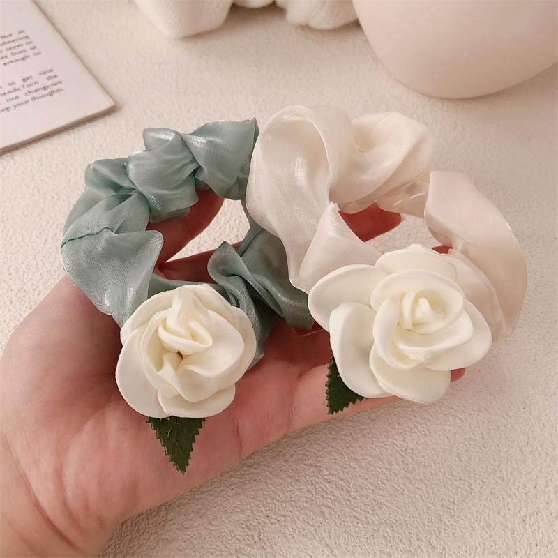 白色山茶花馬尾髮繩 森林系大腸髮圈 法式氣質綁髮髮繩-細節圖3