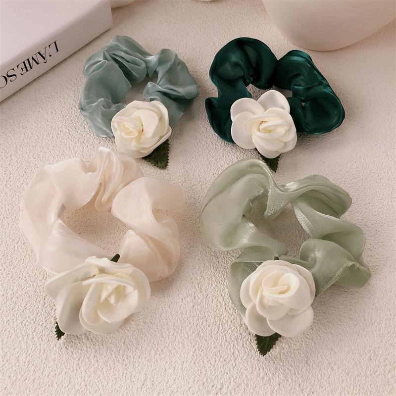 白色山茶花馬尾髮繩 森林系大腸髮圈 法式氣質綁髮髮繩-細節圖4