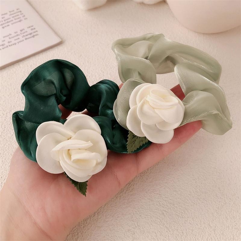 白色山茶花馬尾髮繩 森林系大腸髮圈 法式氣質綁髮髮繩-細節圖5
