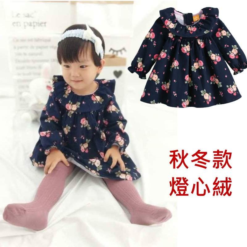 5折出清~台灣現貨 冬季燈心絨小女孩滾花邊小洋裝18m-規格圖4