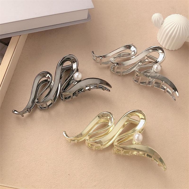 金屬波浪珍珠鯊魚夾 設計款盤髮夾 波浪髮夾 髮量多大嘴夾-細節圖4