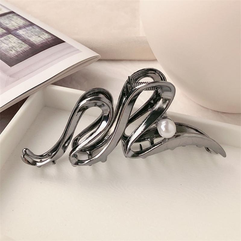 金屬波浪珍珠鯊魚夾 設計款盤髮夾 波浪髮夾 髮量多大嘴夾-細節圖5