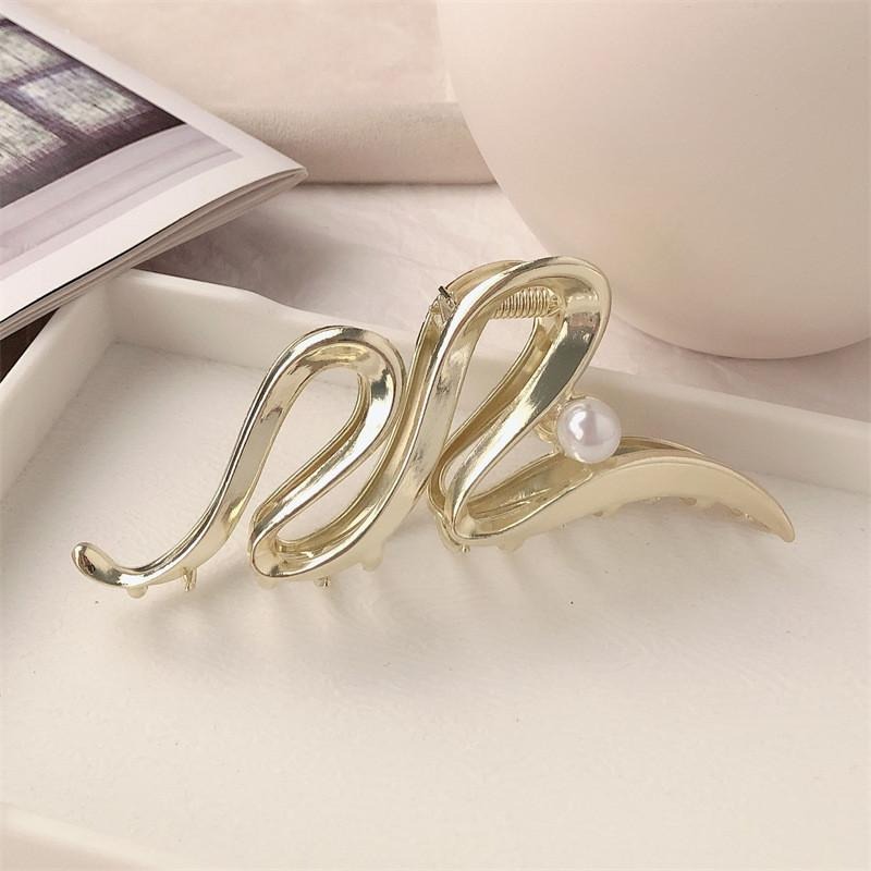 金屬波浪珍珠鯊魚夾 設計款盤髮夾 波浪髮夾 髮量多大嘴夾-細節圖7