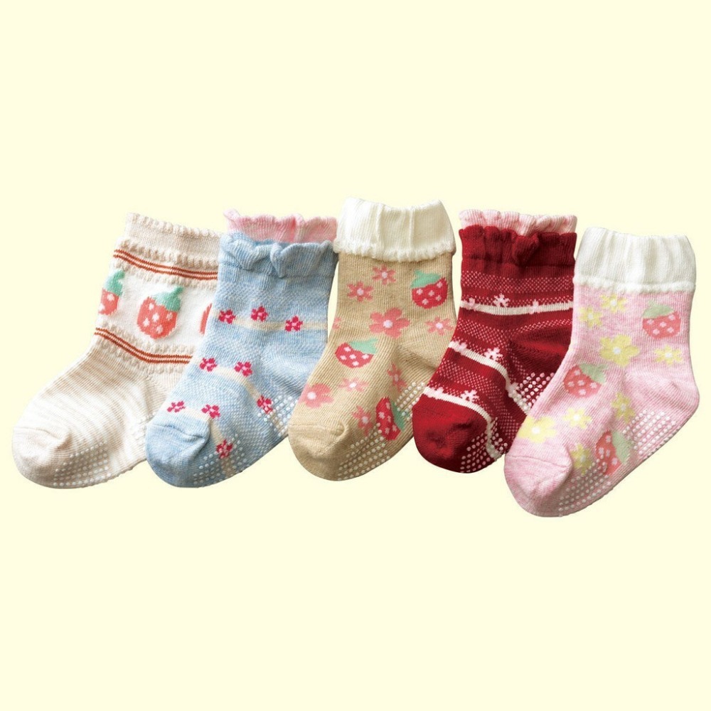 5折出清~台灣現貨 J&S童裝 棉質 女款草莓小花防滑襪-規格圖3