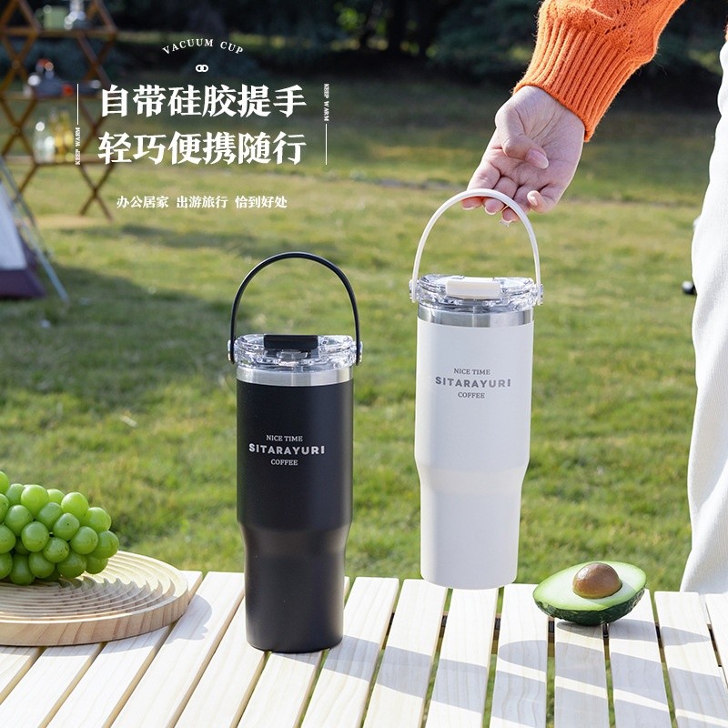 跨境不鏽鋼保溫杯矽膠手提冰霸杯雙層保溫保冷大容量雙飲車載杯子-細節圖4