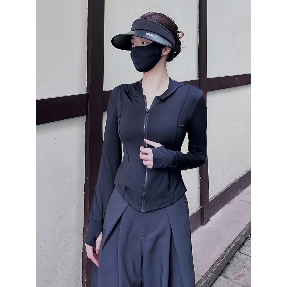 黑色連帽冰絲防曬衣女款夏薄款戶外防紫外線防曬服修身短外套上衣-細節圖5