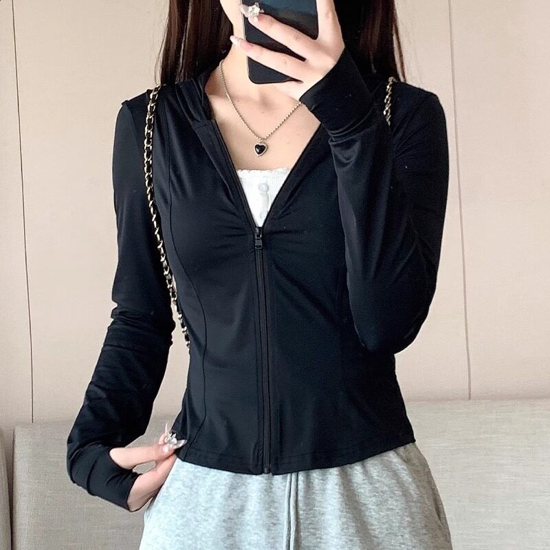 黑色連帽冰絲防曬衣女款夏薄款戶外防紫外線防曬服修身短外套上衣-規格圖5