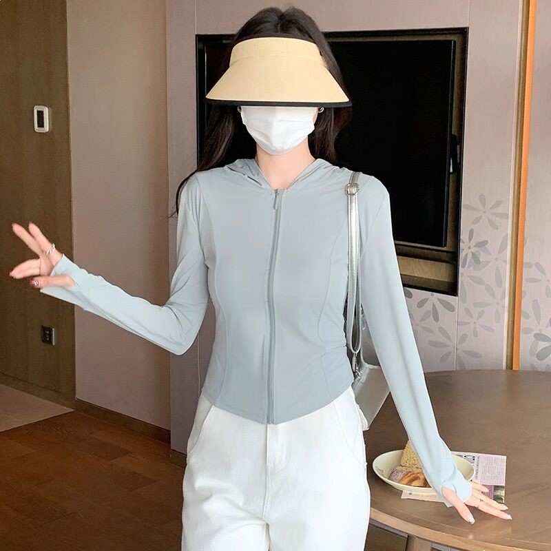 黑色連帽冰絲防曬衣女款夏薄款戶外防紫外線防曬服修身短外套上衣-規格圖5