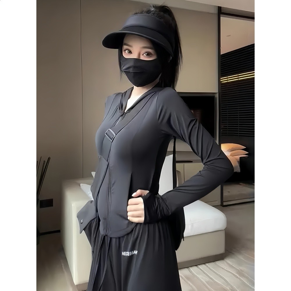 黑色冰絲防曬衣女款夏季透氣防紫外線修身顯瘦連帽運動瑜伽服外套-細節圖4