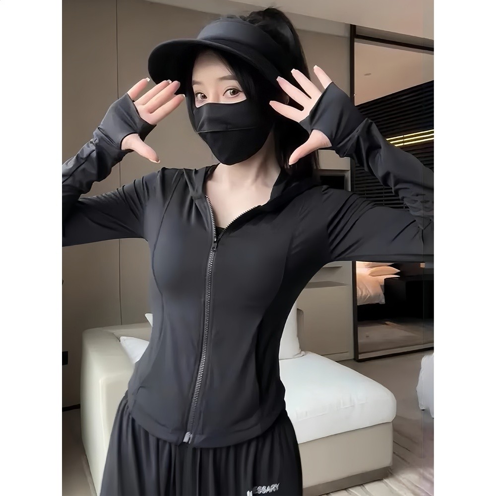 黑色冰絲防曬衣女款夏季透氣防紫外線修身顯瘦連帽運動瑜伽服外套-細節圖5