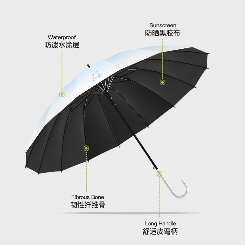 16骨長柄傘漸變色雨傘女晴雨兩用黑膠遮陽傘太陽傘防紫外線直杆傘-細節圖2