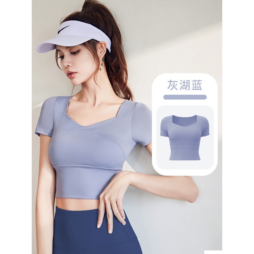 瑜伽服女上衣2026新款帶胸墊專業晨跑步運動套裝普拉提健身短袖夏-規格圖5