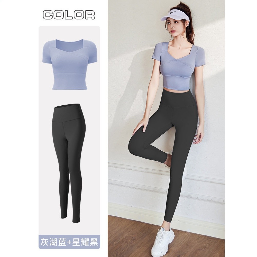瑜伽服女上衣2026新款帶胸墊專業晨跑步運動套裝普拉提健身短袖夏-規格圖5