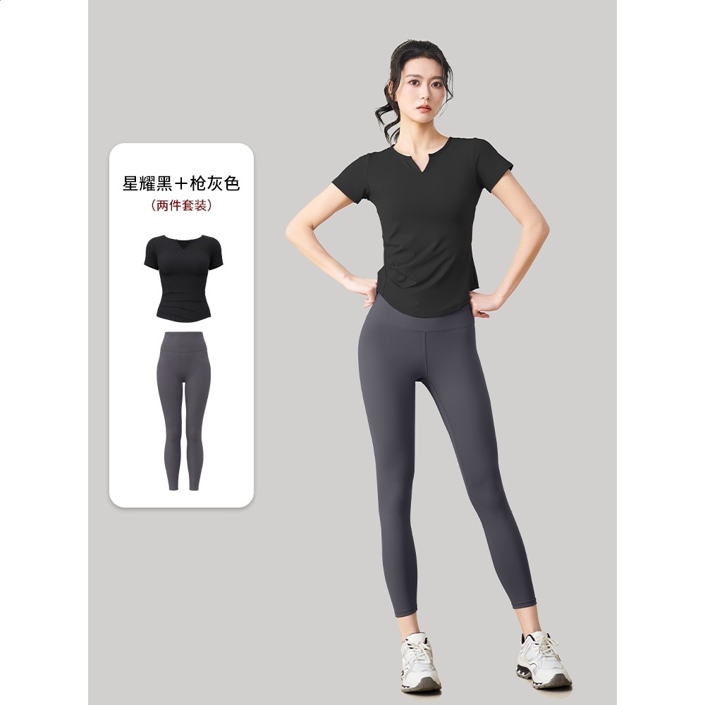 瑜伽服女2026新款帶胸墊晨跑步健身短袖運動普拉提訓練上衣套裝夏-規格圖5