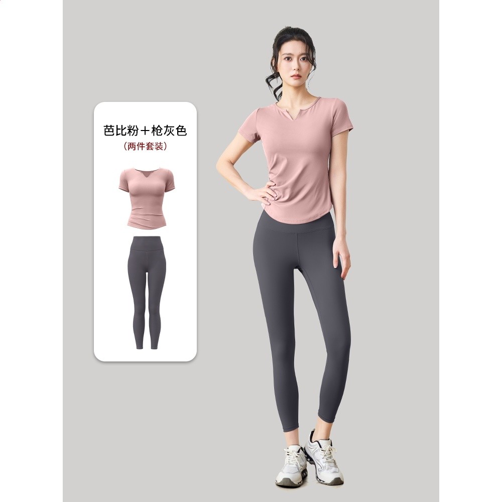 瑜伽服女2026新款帶胸墊晨跑步健身短袖運動普拉提訓練上衣套裝夏-規格圖5