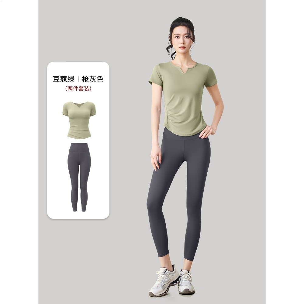 瑜伽服女2026新款帶胸墊晨跑步健身短袖運動普拉提訓練上衣套裝夏-規格圖5