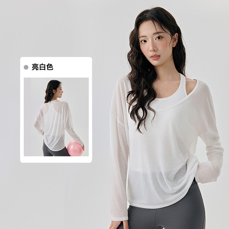 DS125620花色折扣瑜伽服女套裝透氣兩件套長袖罩衫普拉提運動背心-規格圖5