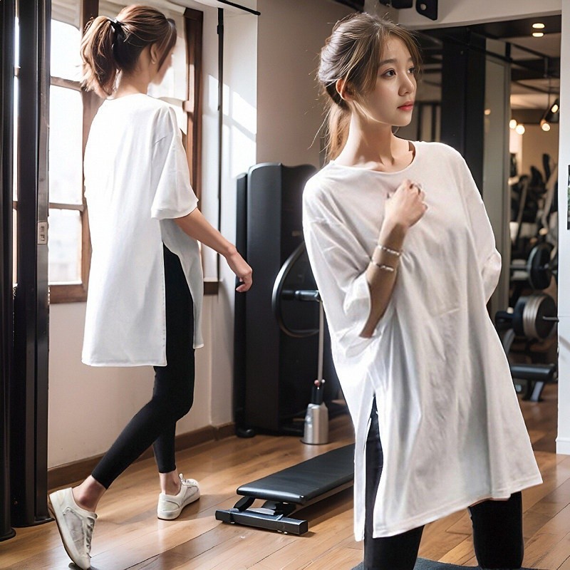 大碼運動上衣女寬鬆胖mm罩衫T恤瑜伽服短袖中長款跑步遮臀健身服-規格圖5