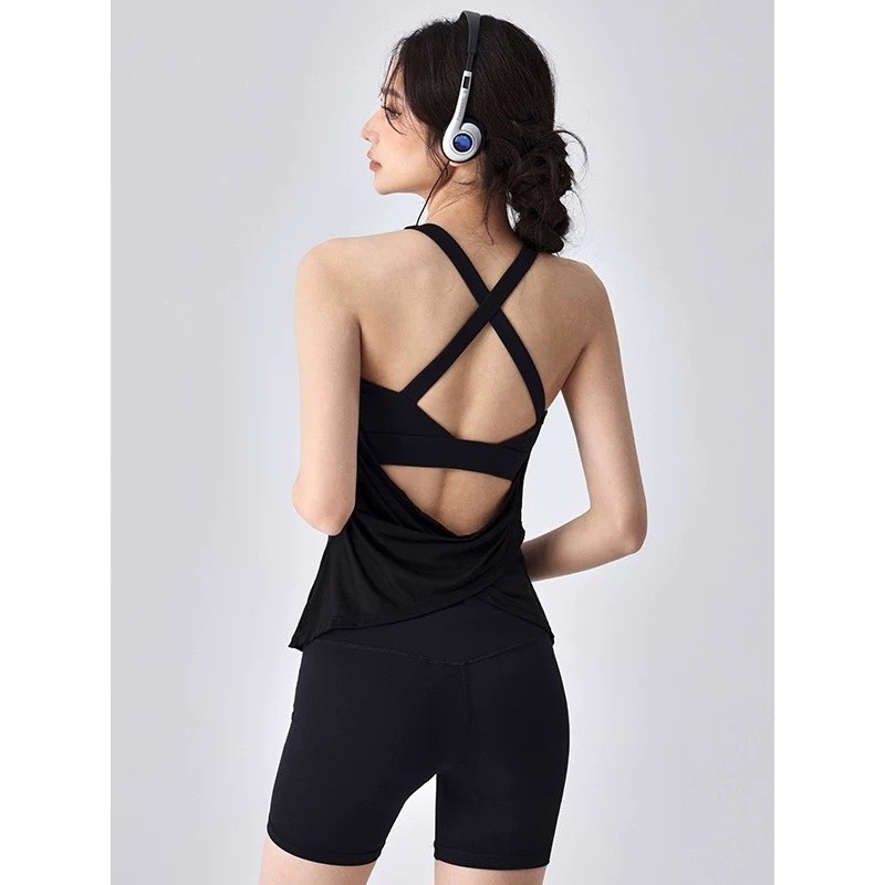 健身背心交叉美背瑜伽服無袖T恤含胸墊假兩件運動內衣女跑步訓練-細節圖2