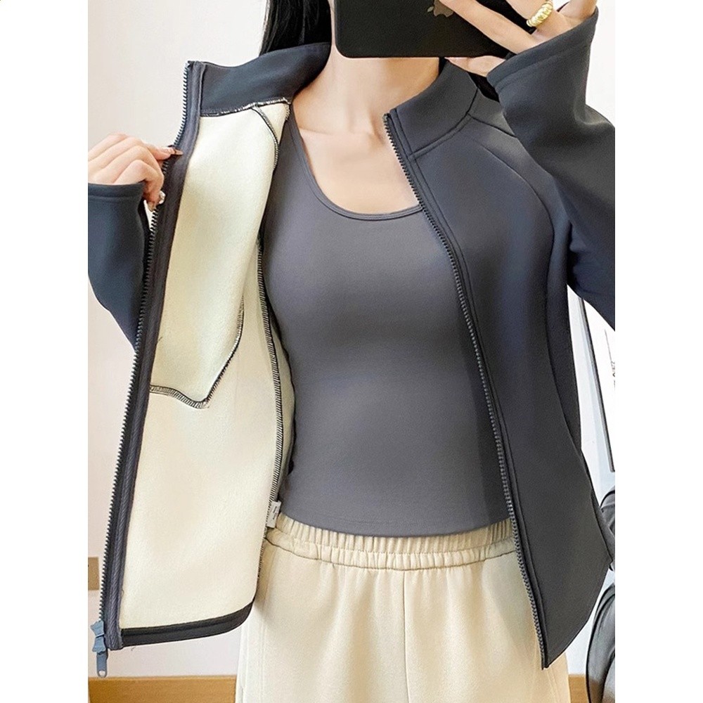 加絨保暖健身外套女秋冬款瑜伽服運動上衣修身開襟雙拉鍊健身長袖-細節圖2