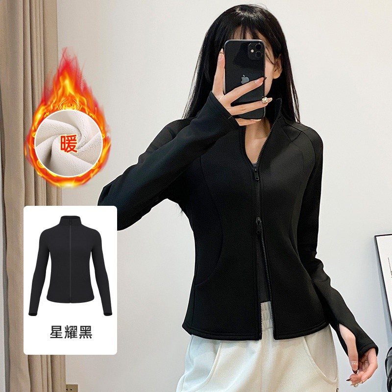 加絨保暖健身外套女秋冬款瑜伽服運動上衣修身開襟雙拉鍊健身長袖-規格圖5
