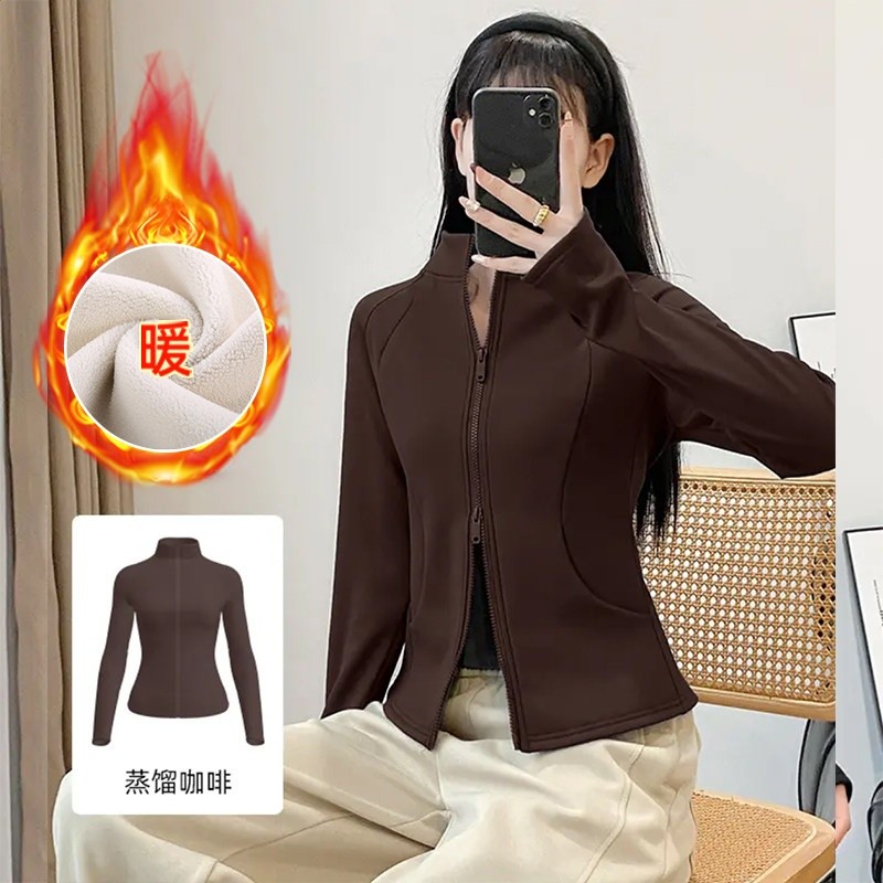 加絨保暖健身外套女秋冬款瑜伽服運動上衣修身開襟雙拉鍊健身長袖-規格圖5