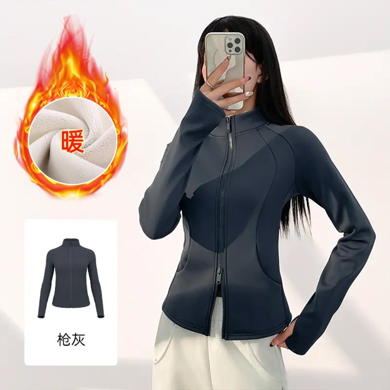 加絨保暖健身外套女秋冬款瑜伽服運動上衣修身開襟雙拉鍊健身長袖-規格圖5