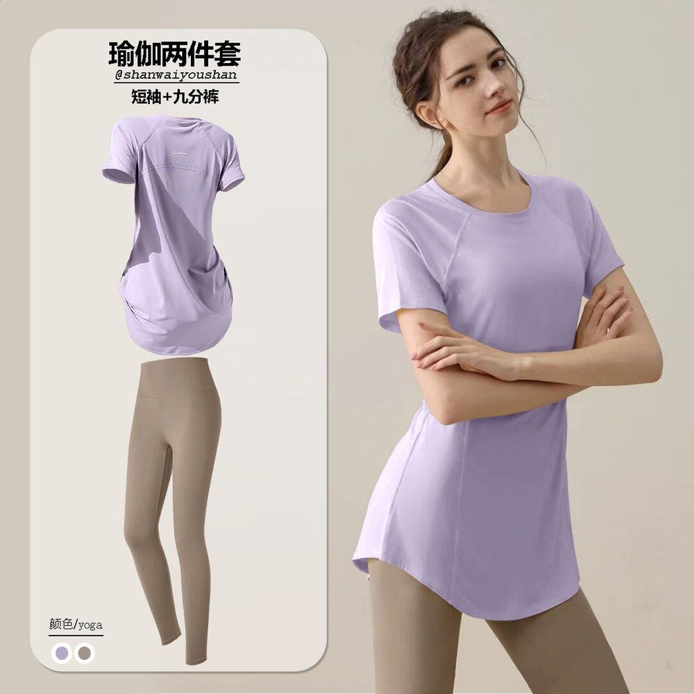 瑜伽服套裝女短袖夏季休閒運動遮臀顯瘦速乾中長款跑步T恤上衣女-規格圖5