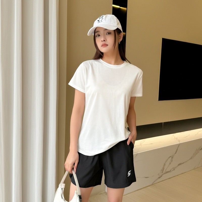 夏季運動套裝女冰絲彈力健身跑步瑜伽服女T恤休閒速幹短褲兩件套-細節圖4