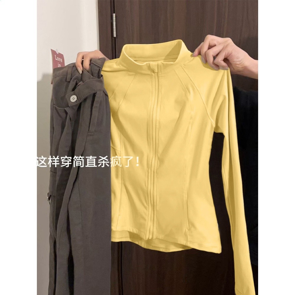 黃色立領防曬衣修身女2025新款緊身收腰瑜伽服上衣夏季外套女款夏-細節圖2