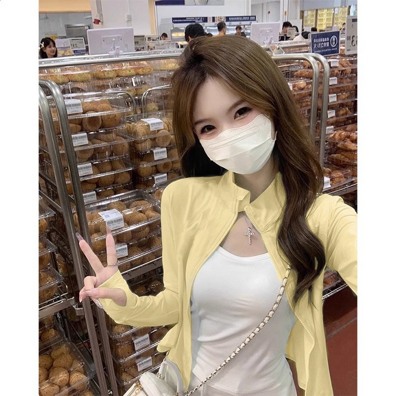 黃色立領防曬衣修身女2025新款緊身收腰瑜伽服上衣夏季外套女款夏-規格圖5