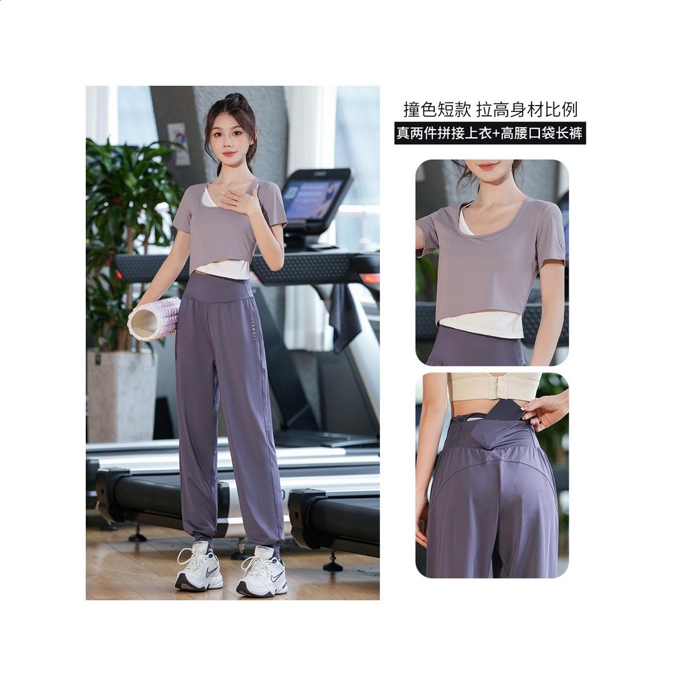 戶外跑步健身瑜伽服女夏季晨跑透氣速乾衣休閒運動短袖褲子兩件套-細節圖4