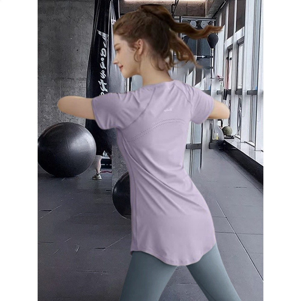 瑜伽服套裝女中長款遮臀運動上衣顯瘦健身服休閒跑步短袖T恤夏季-細節圖5