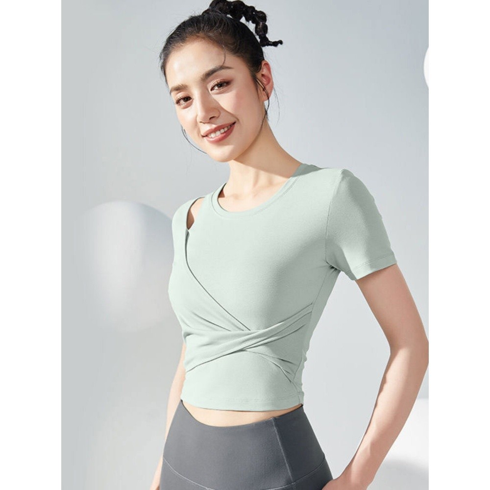 夏季瑜伽服速幹短袖運動上衣女跑步訓練普拉提健身衣透氣顯瘦T恤-細節圖3