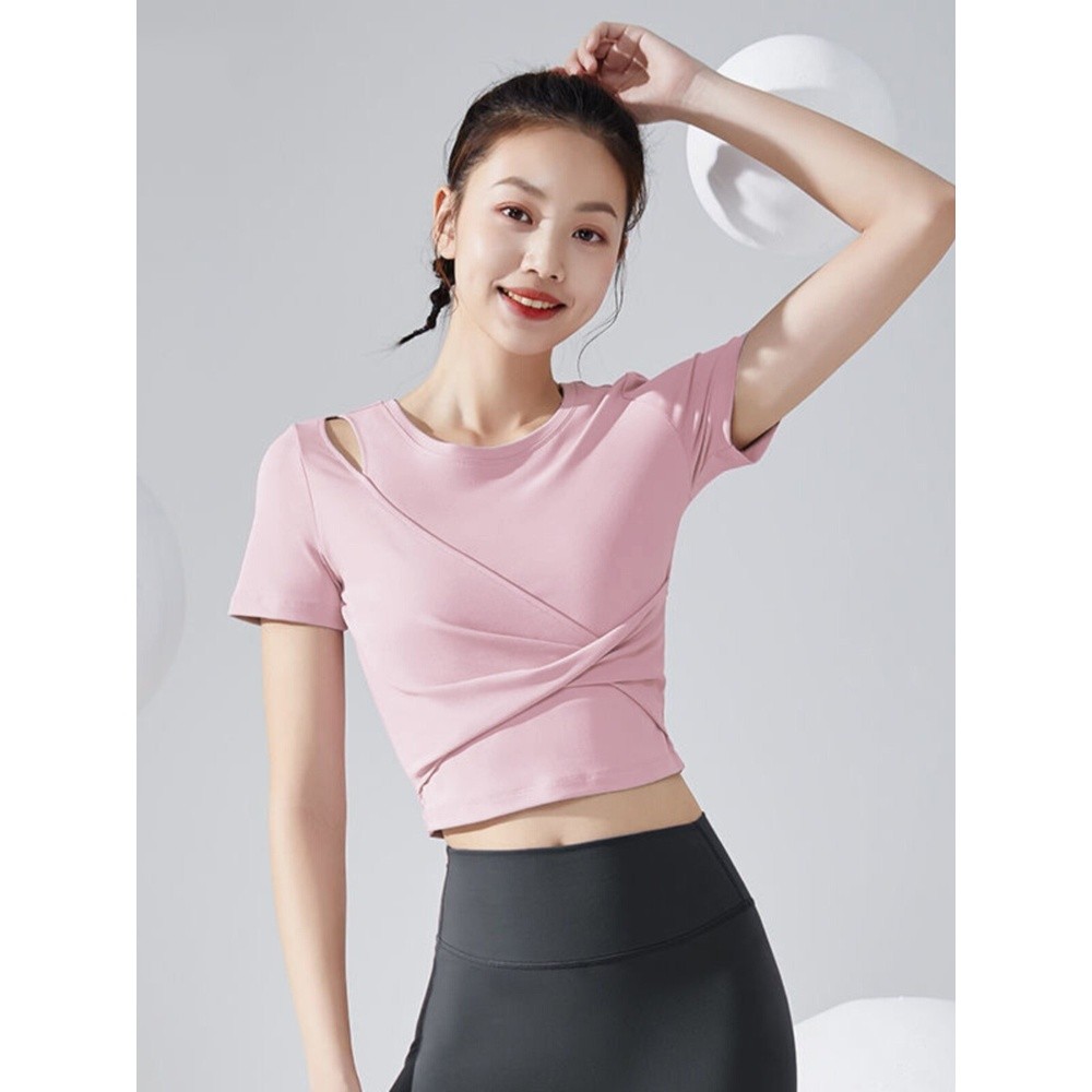 夏季瑜伽服速幹短袖運動上衣女跑步訓練普拉提健身衣透氣顯瘦T恤-細節圖5