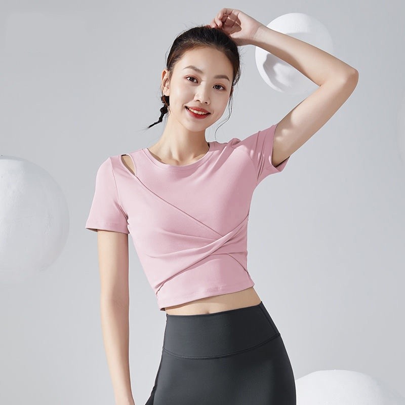 夏季瑜伽服速幹短袖運動上衣女跑步訓練普拉提健身衣透氣顯瘦T恤-規格圖5