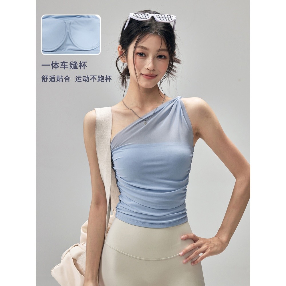 防震瑜伽服背心女網紗帶胸墊運動內衣跑步普拉提訓練健身文胸上衣-細節圖3