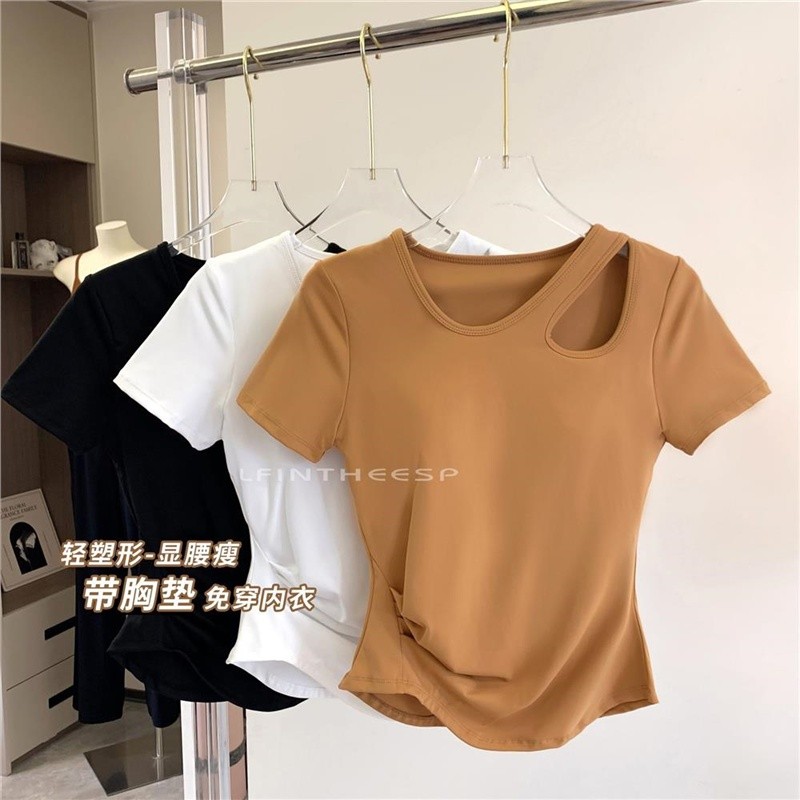 短袖T恤女小心機鏤空瑜伽服修身純色顯瘦運動健身短款外穿上衣-細節圖4
