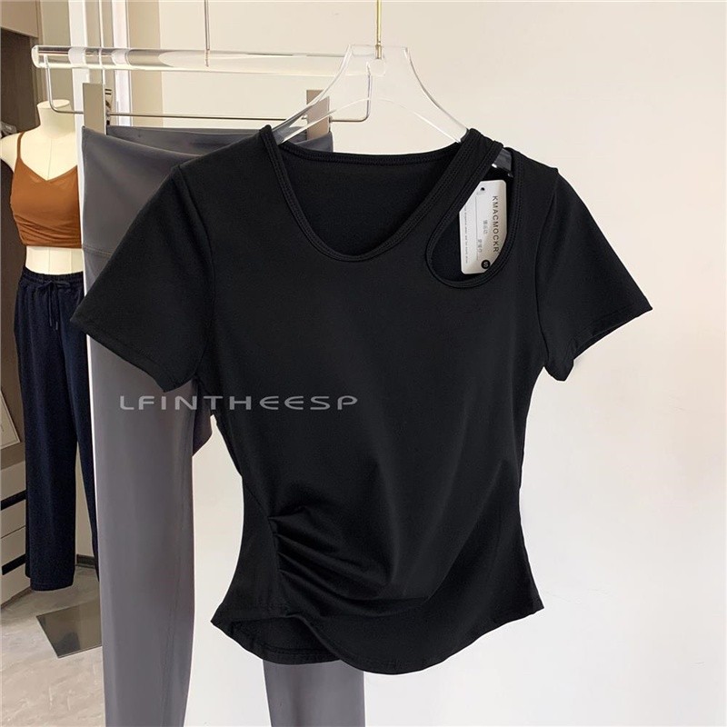 短袖T恤女小心機鏤空瑜伽服修身純色顯瘦運動健身短款外穿上衣-規格圖5