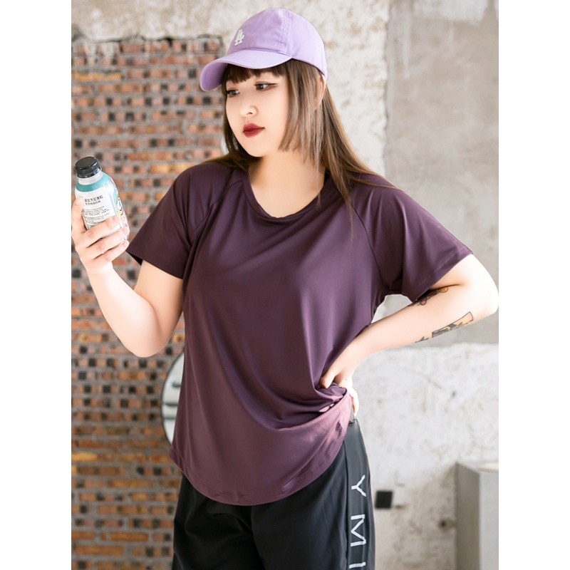 特大碼健身衣女200斤寬鬆短袖上衣速乾衣胖mm瑜伽服t恤跑步運動裝-細節圖2