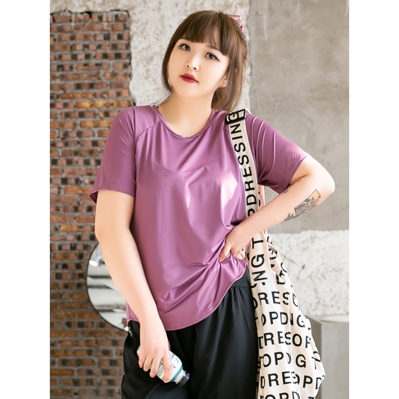 特大碼健身衣女200斤寬鬆短袖上衣速乾衣胖mm瑜伽服t恤跑步運動裝-細節圖3
