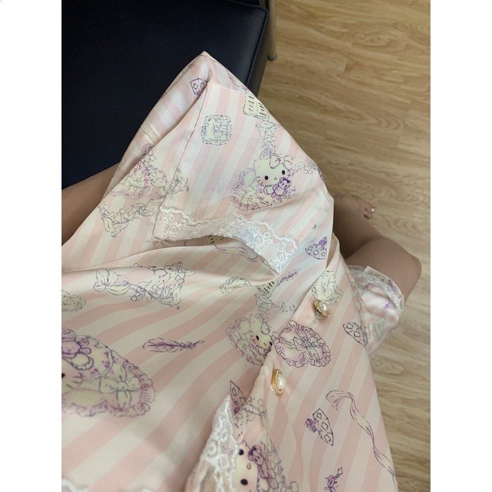 蕾絲冰絲睡衣女夏季新款短袖自帶胸墊一體粉色條紋甜美家居服套裝-細節圖5