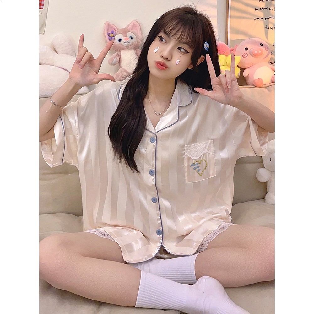 冰絲睡衣女帶胸墊一體夏季2026新款大碼防凸點短袖套裝家居服-細節圖5