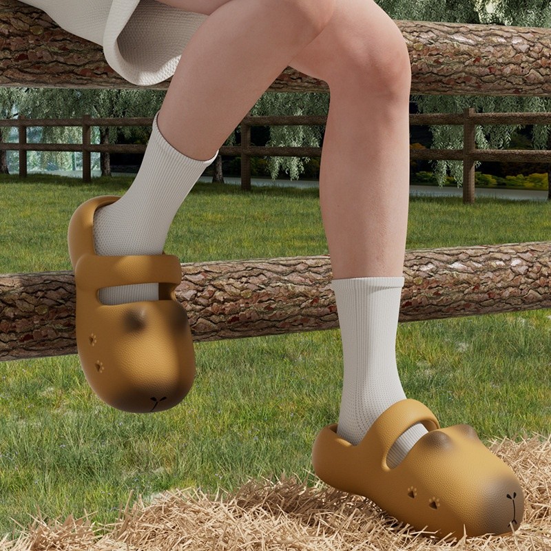 卡皮巴拉洞洞鞋女外穿夏季新款卡通包頭綁帶拖鞋洗澡防滑沙灘涼鞋-細節圖3