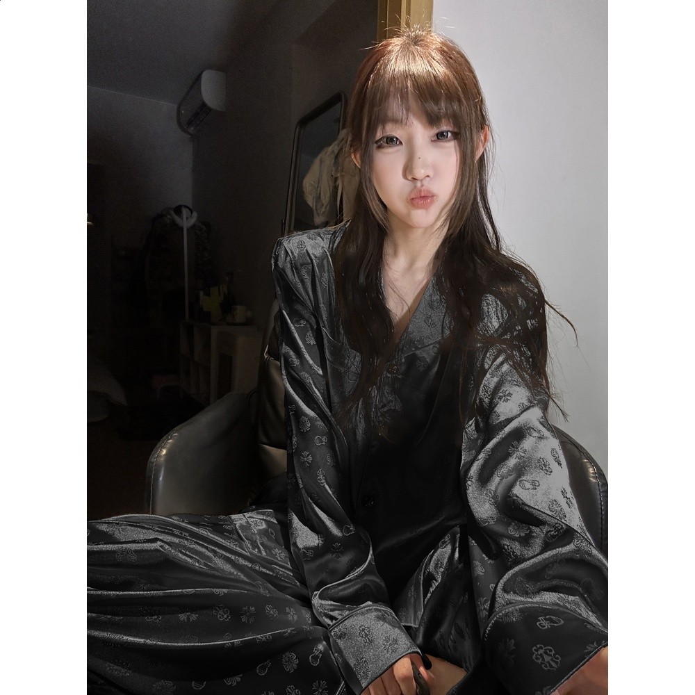 韓版高階黑新中式印花緞面冰絲睡衣女春秋款2025新款家居服套裝夏-規格圖5