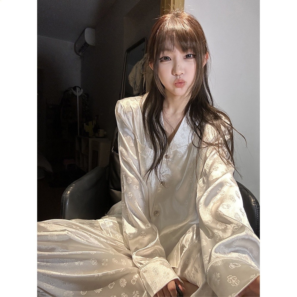 韓版高階黑新中式印花緞面冰絲睡衣女春秋款2025新款家居服套裝夏-規格圖5