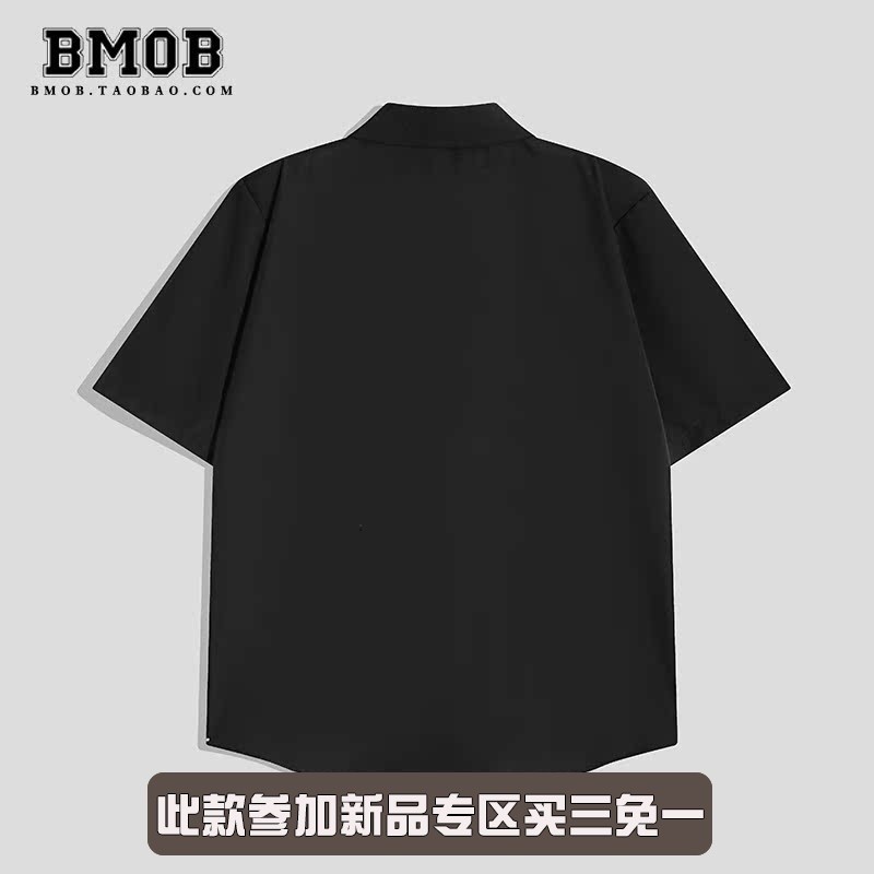 BMOB新中式國風翠竹刺繡金屬飛機扣短袖襯衫男女夏季寬鬆冰絲襯衣-細節圖2