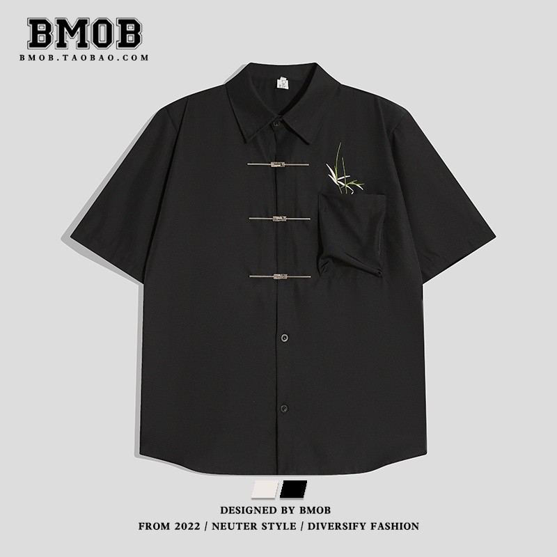 BMOB新中式國風翠竹刺繡金屬飛機扣短袖襯衫男女夏季寬鬆冰絲襯衣-細節圖4
