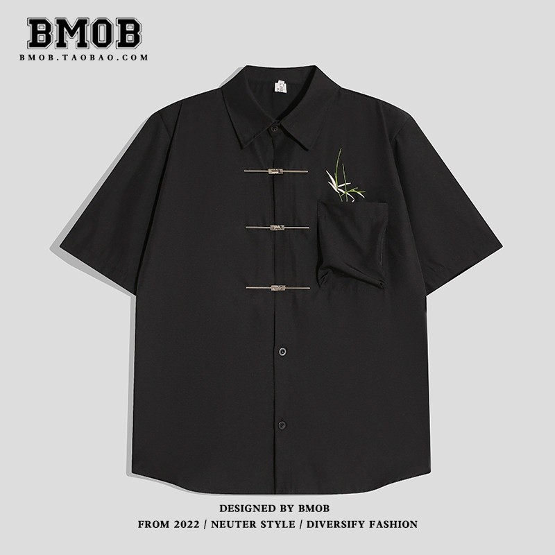 BMOB新中式國風翠竹刺繡金屬飛機扣短袖襯衫男女夏季寬鬆冰絲襯衣-規格圖5